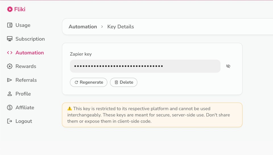 11. Copying Zapier key for Fliki integration