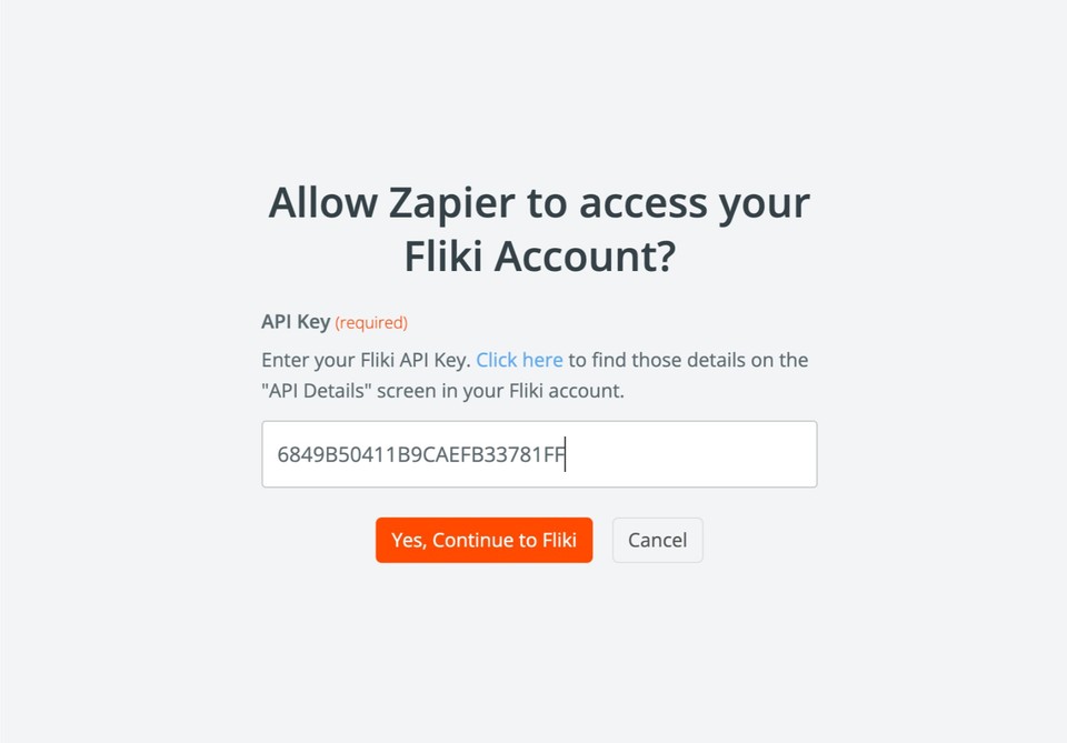 12. Pasting Fliki - zapier key while setting up Fliki event in Zapier 