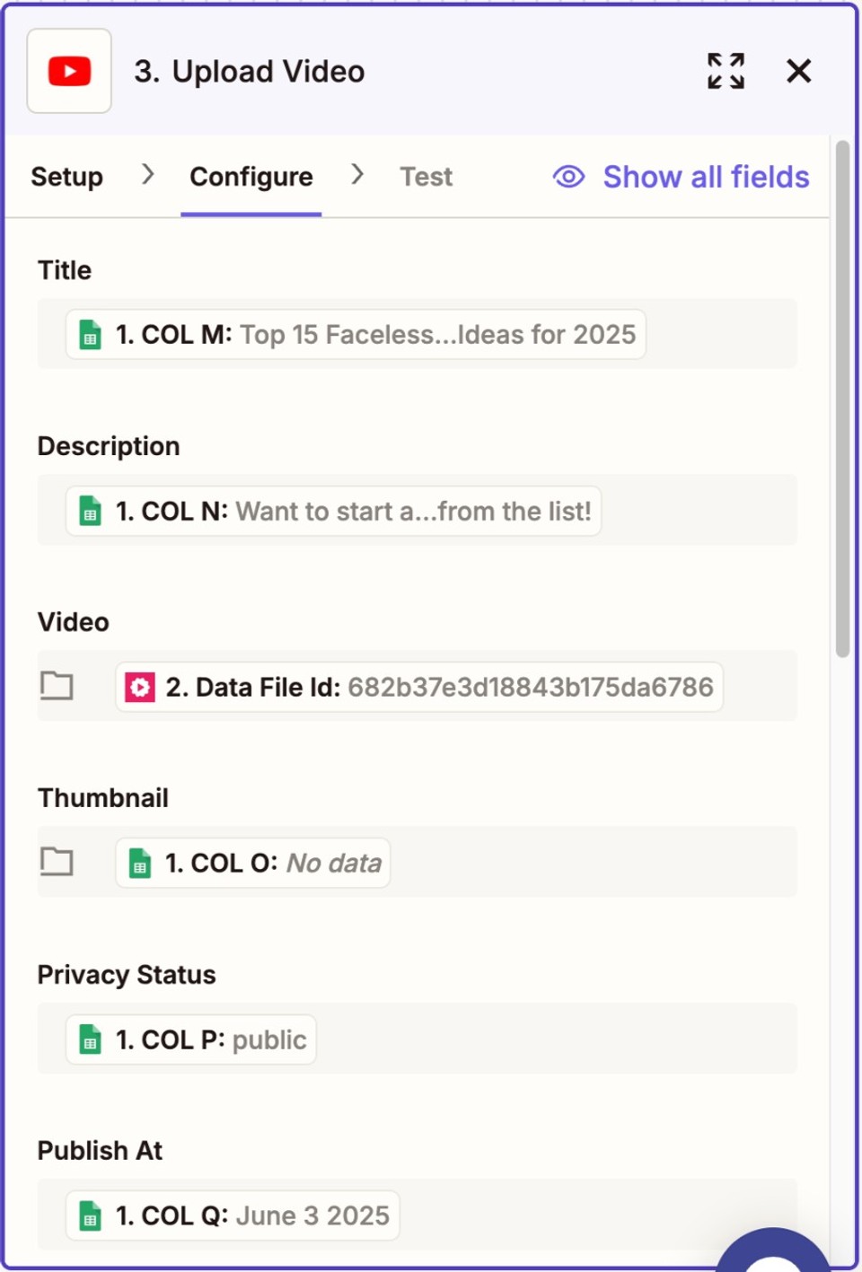 17. Configuring and testing YouTube event in Zapier