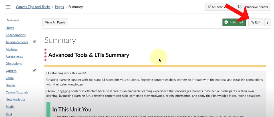 clicking edit in canvas lms
