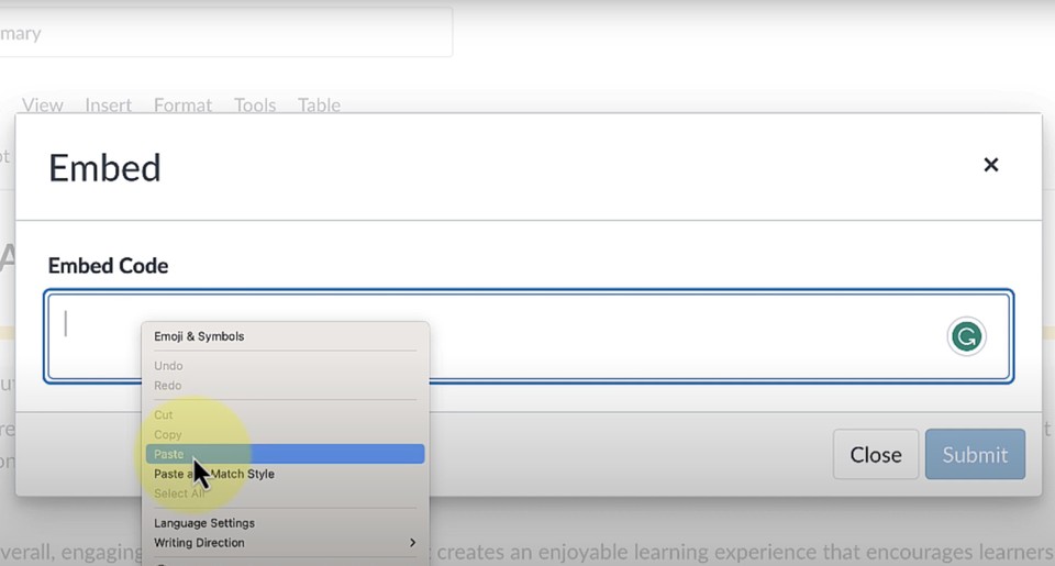 pasting embed code in canvas lms