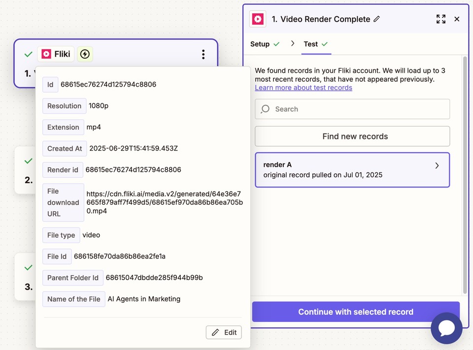 Snapshot of Zapier - Fliki action test data