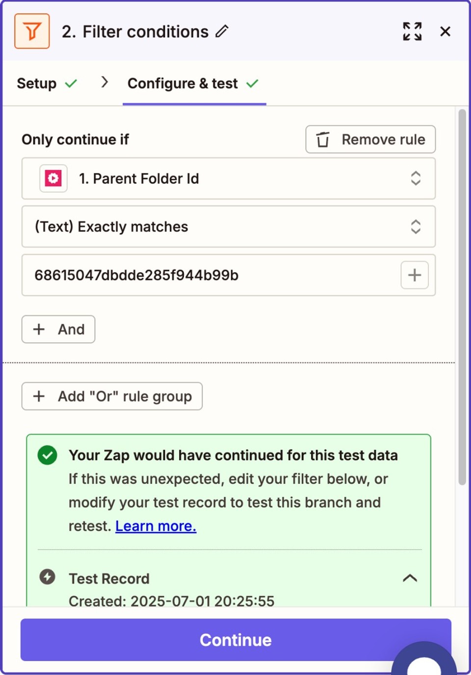 Snapshot of filter condition in Zapier