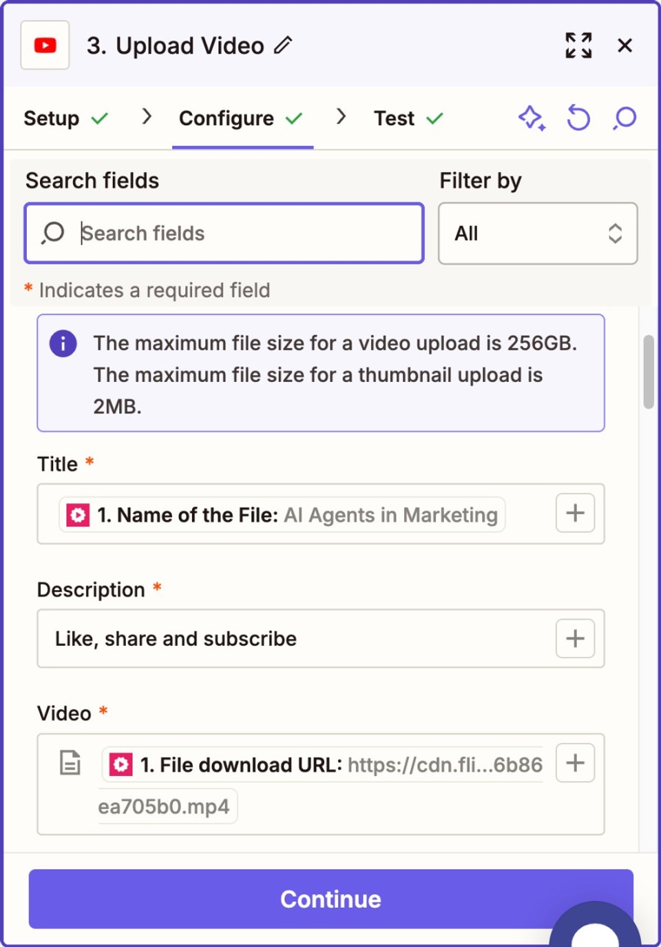 Zapier - Youtube action configuration settings