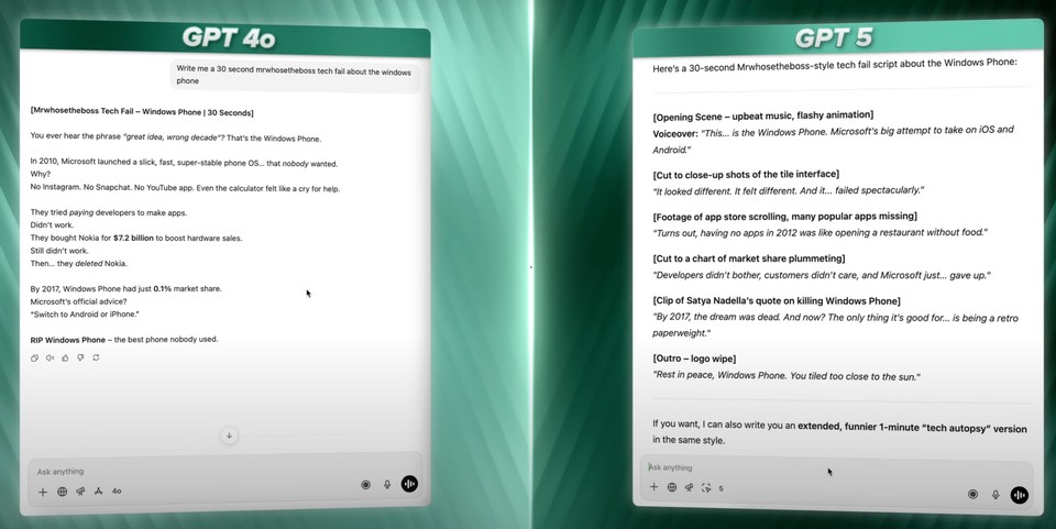 GPT-4o vs GPT-5 script writing comparison