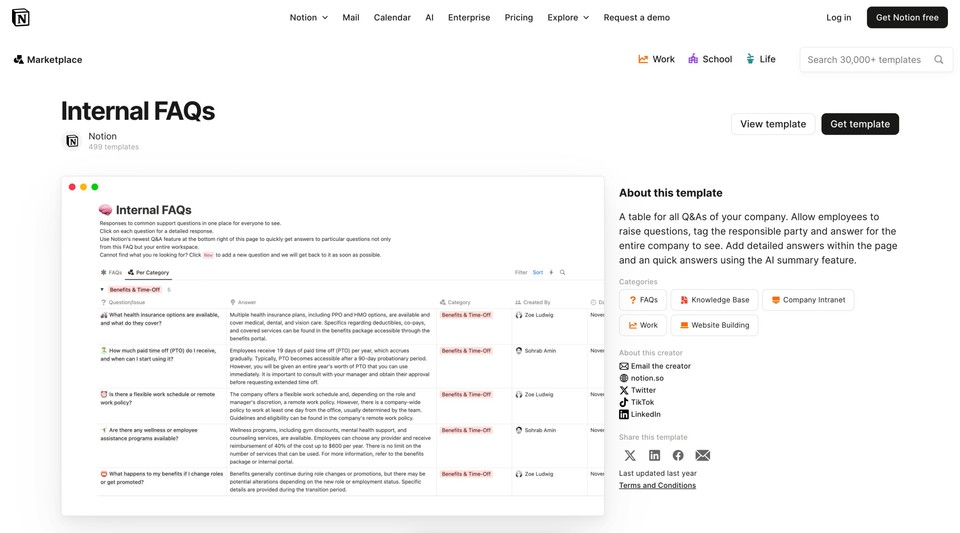 notion internal faq template