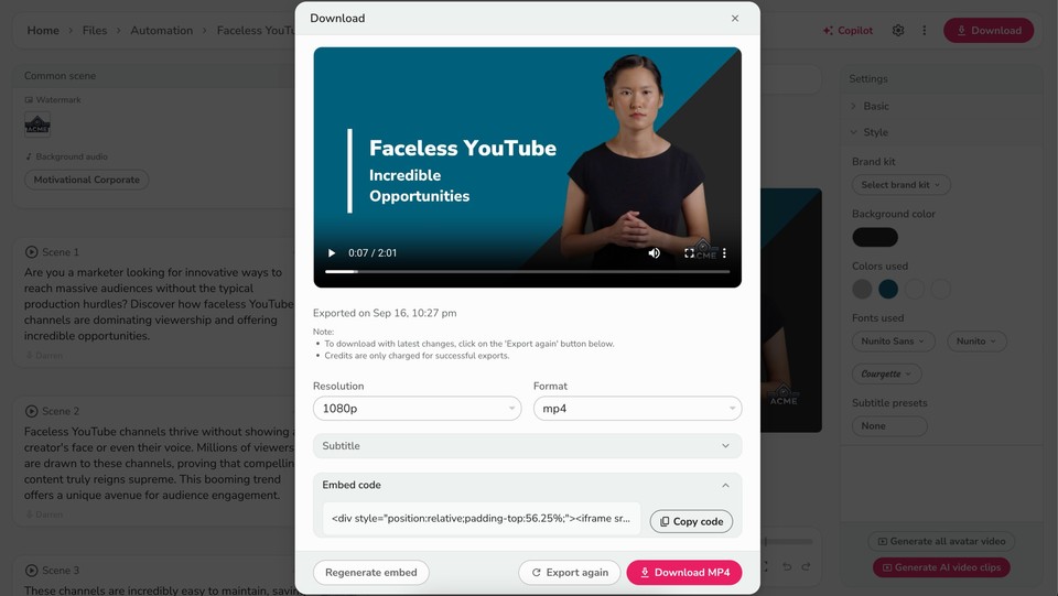 Fliki generate video embed code in download popup