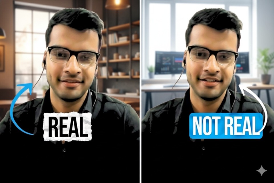 Split screen view showing real person with his digital twin