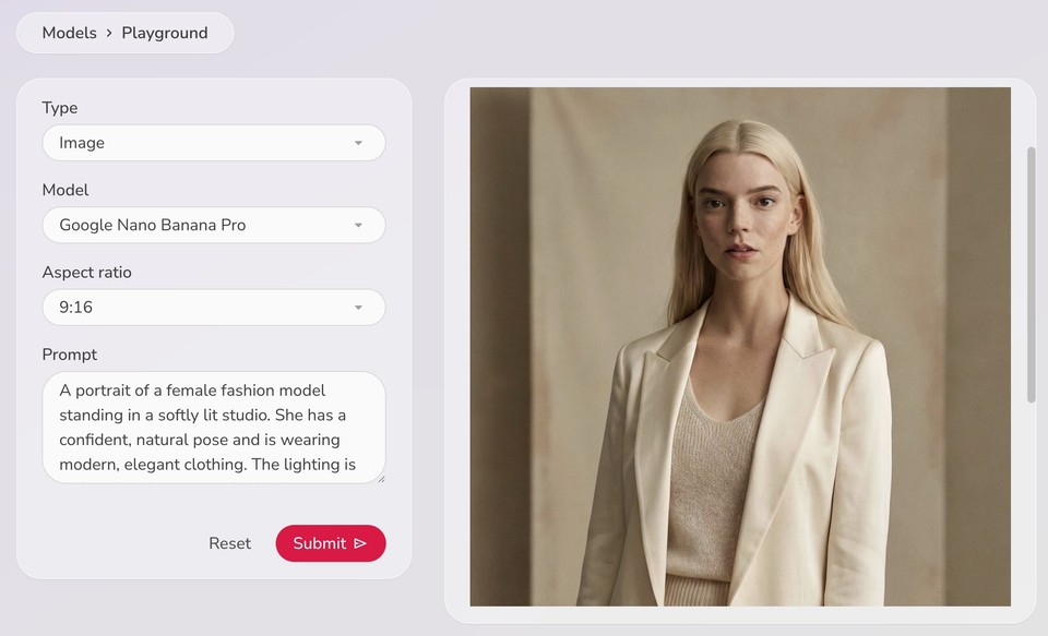 A portrait of a female fashion model generated by Nano Banana Pro