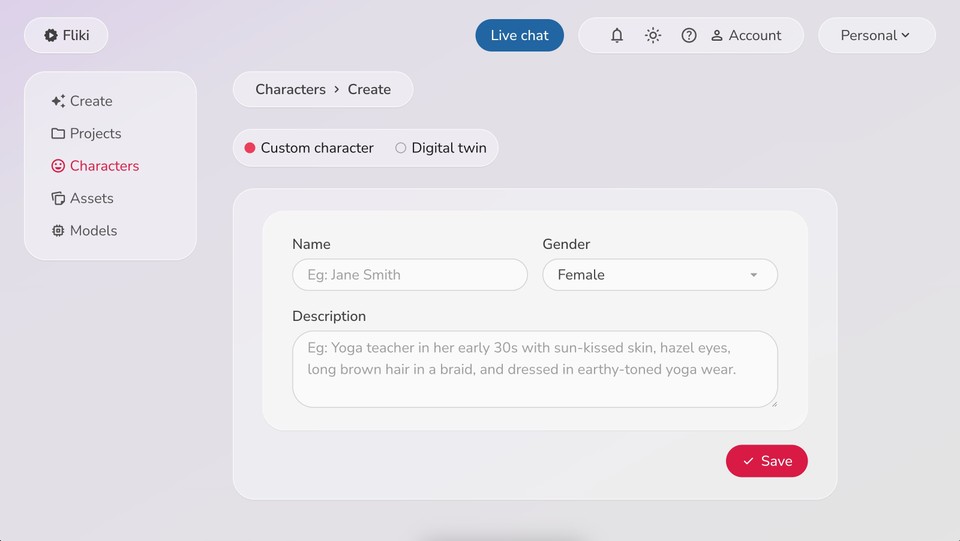 Snapshot of Custom AI Character Page
