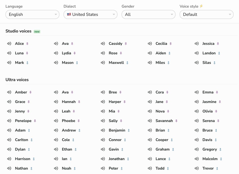 Fliki english(US) voices list