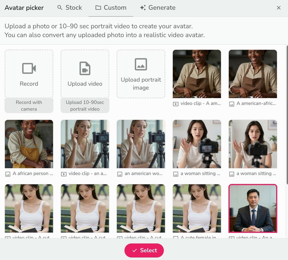 Fliki AI custom avatar tab