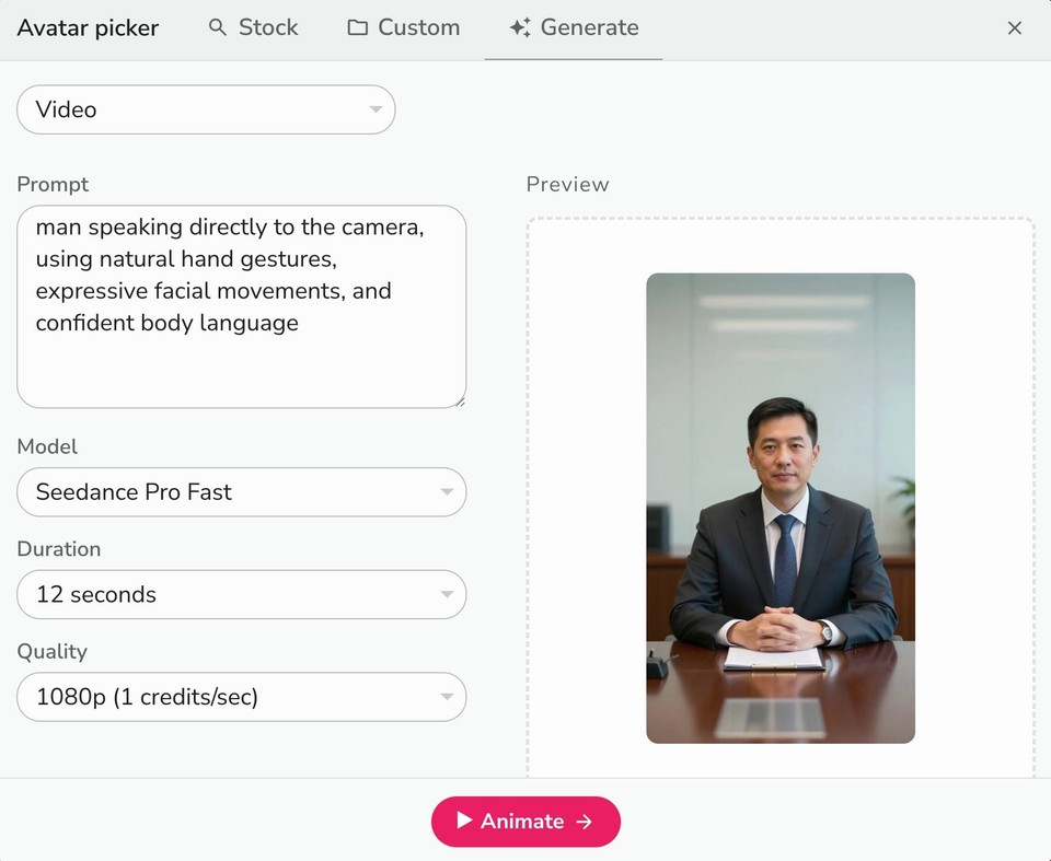 Fliki AI custom avatar image to video settings