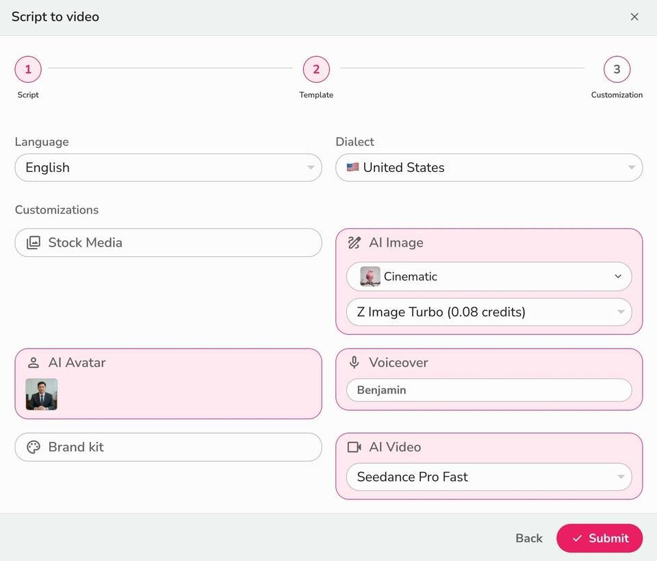 Fliki AI workflow customization step with avatar set