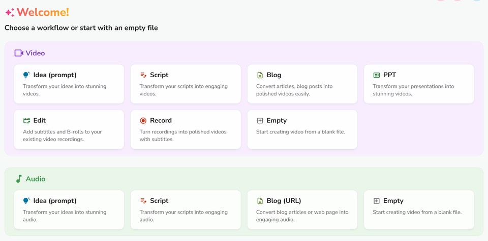 Snapshot of audio and video workflows in Fliki