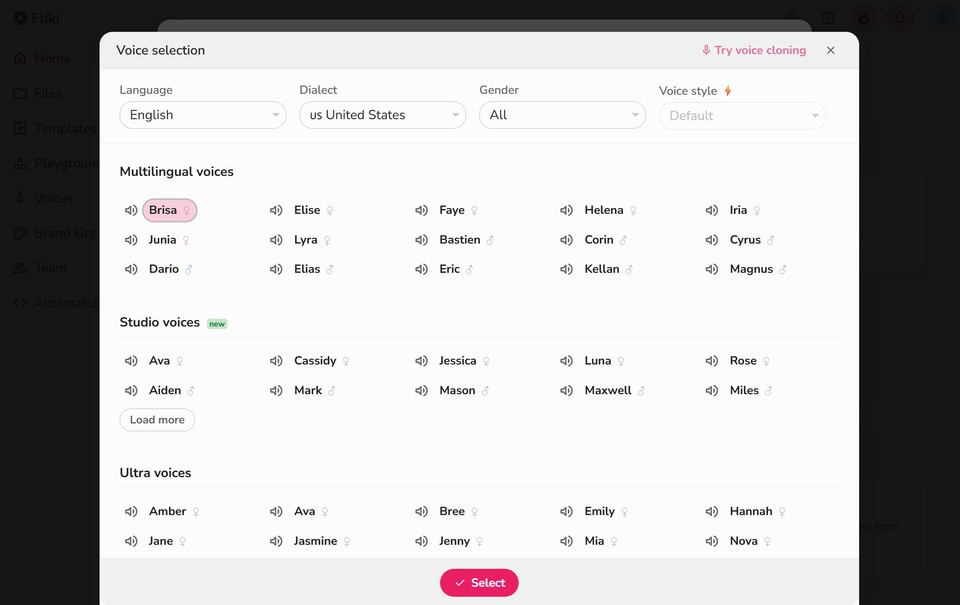 Snapshot of AI voiceover picker in Fliki