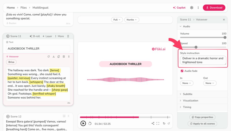 Snapshot of Fliki editor showing multilingual voiceover text with markups