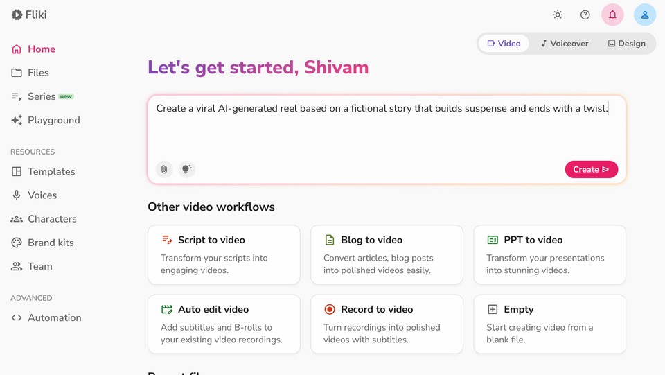 Fliki homepage AI reel idea