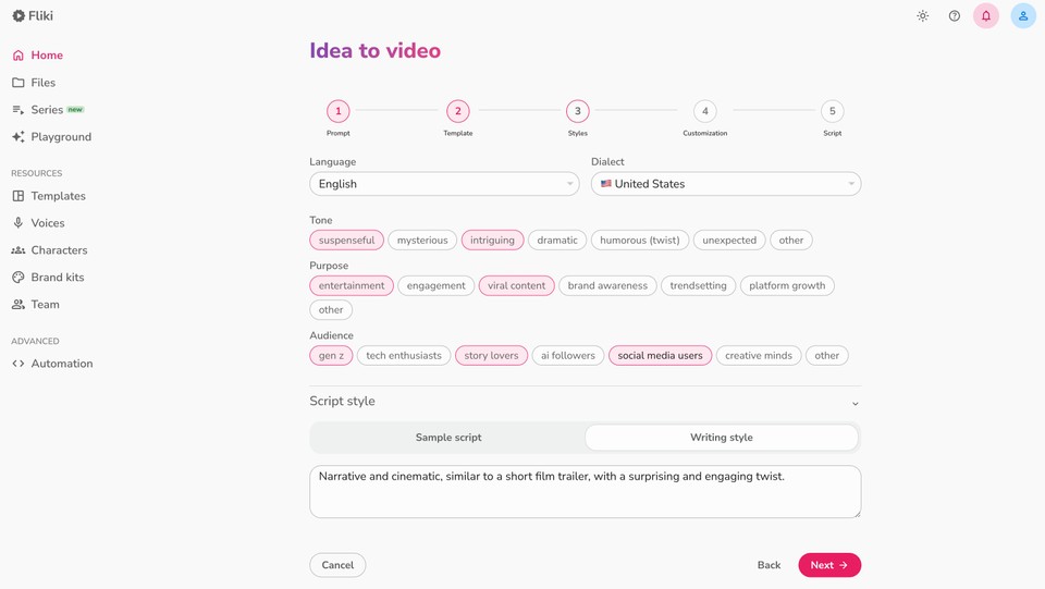 Idea to video styles step