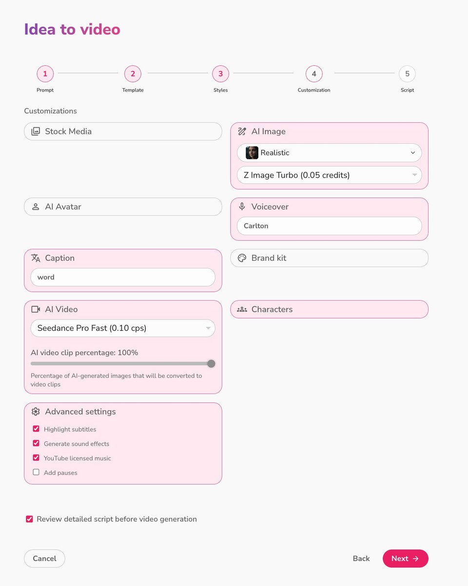 Idea to video customization step