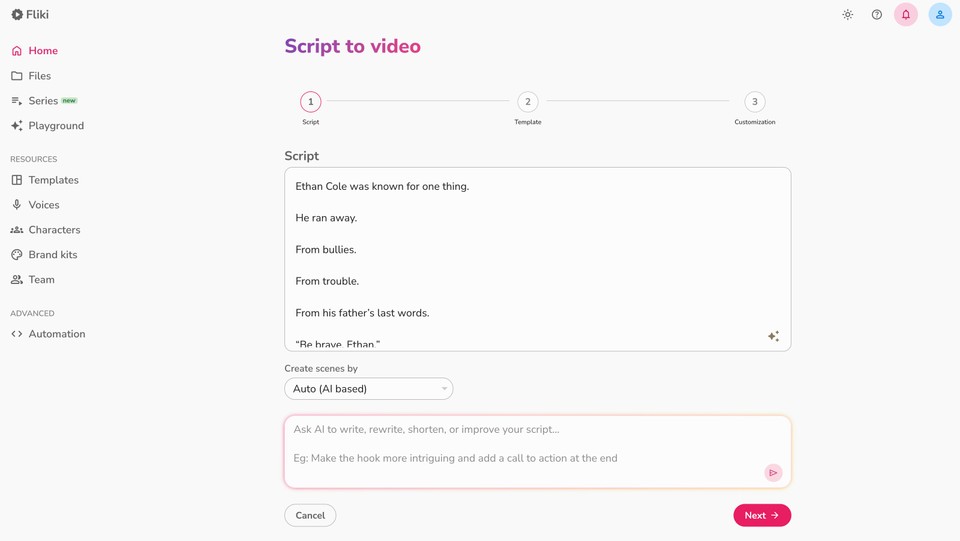 AI reel script in script to video