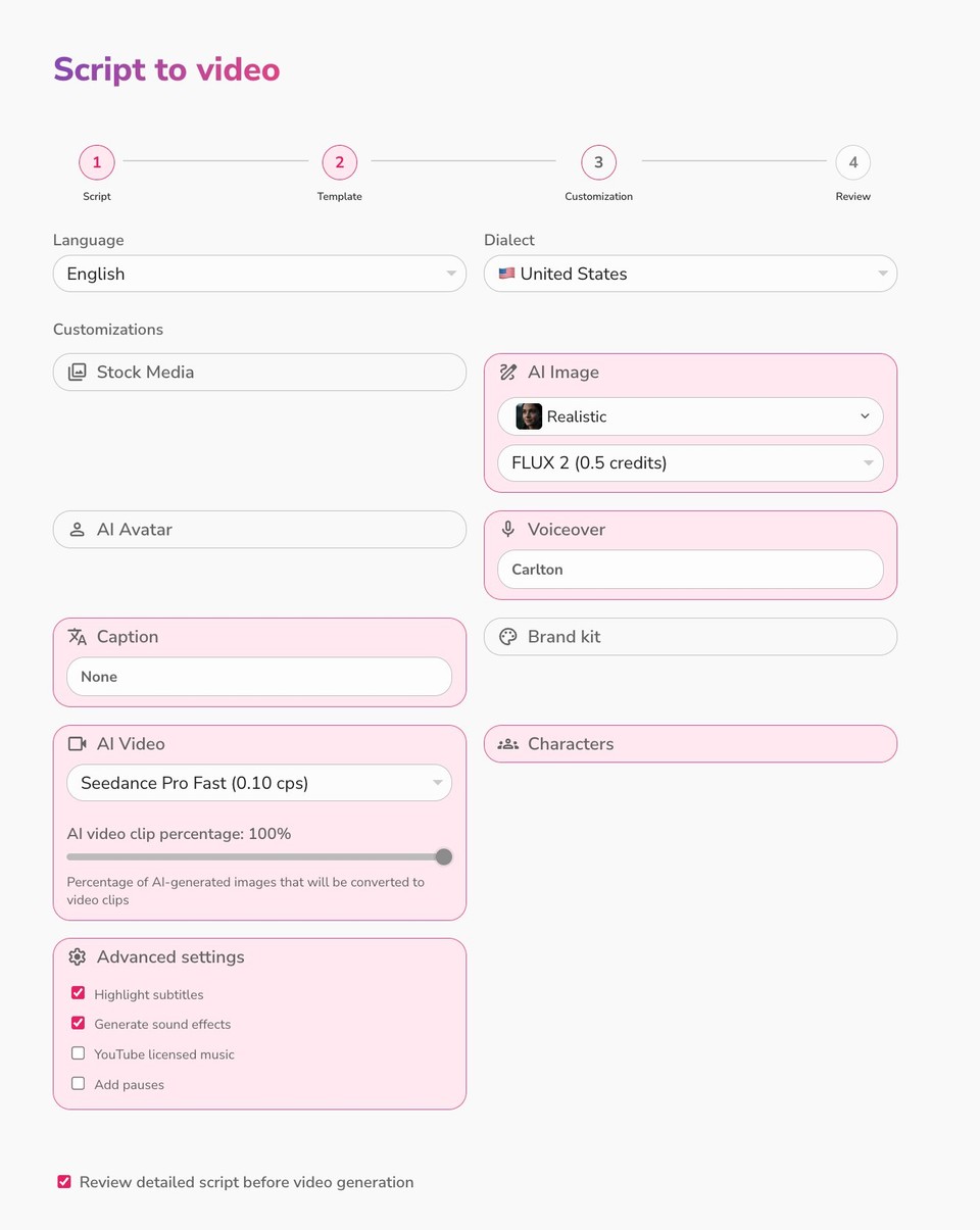 Script to video customization step
