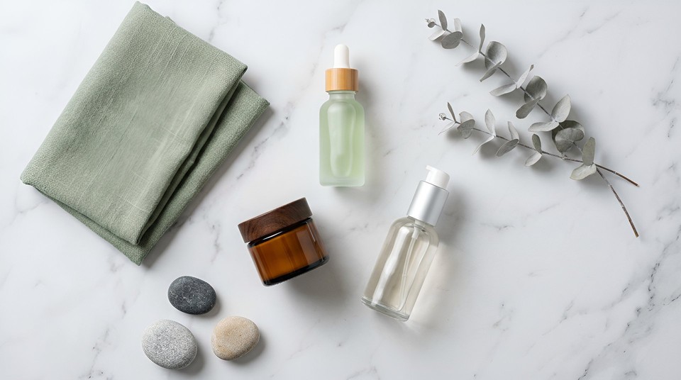 Nano banana 2 sample output - E-commerce skincare flat lay