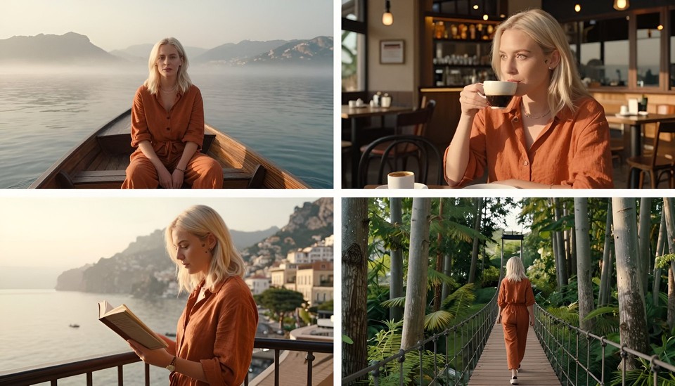 Nano banana 2 sample output - Four-panel travel series with a single character