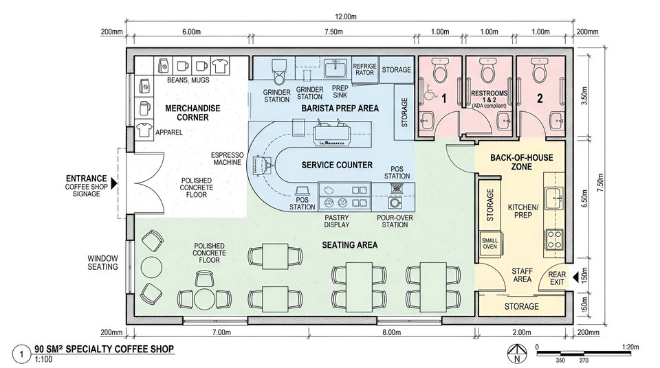 Nano banana 2 sample output - Top-down coffee shop floor plan