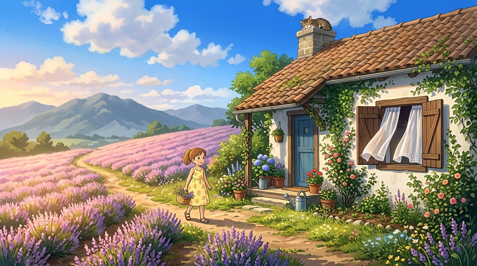Nano banana 2 sample output - Ghibli-inspired hillside cottage