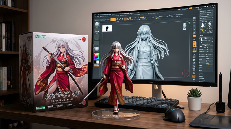 Nano banana 2 sample output - 1/7 scale collectible figurine desk scene