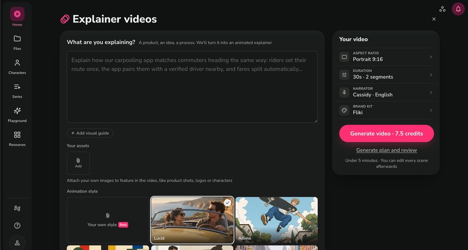 Explainer workflow in Fliki