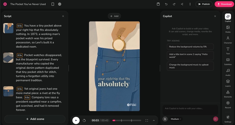 Fliki editor with Script panel and Copilot