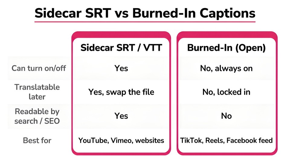 Sidecar SRT vs Burned-In Captions