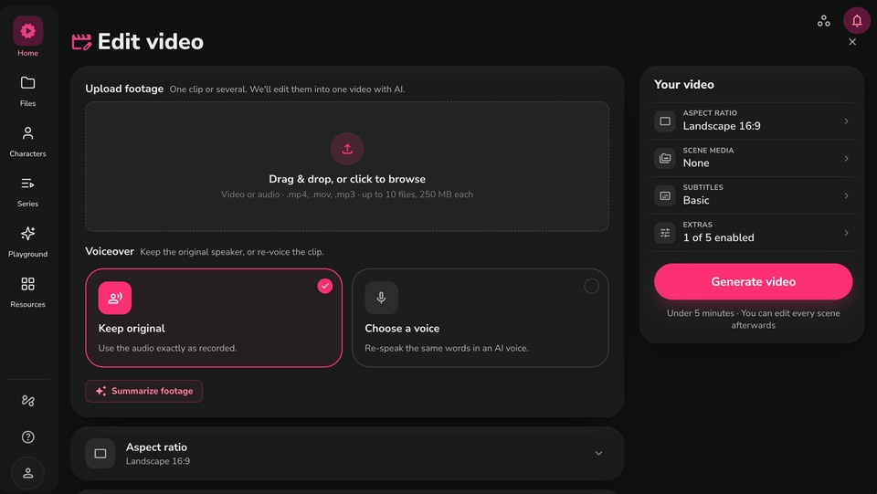 Edit video screen, upload footage with Keep original voiceover selected