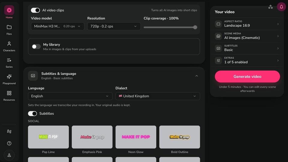 Caption style grid showing Social and Retro subtitle styles