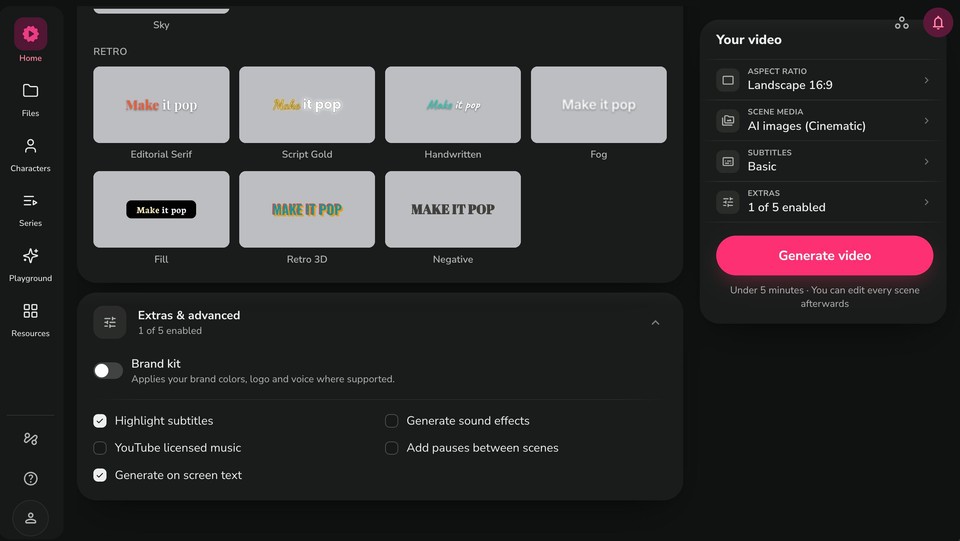 Extras and advanced panel with Highlight subtitles and Brand kit toggles