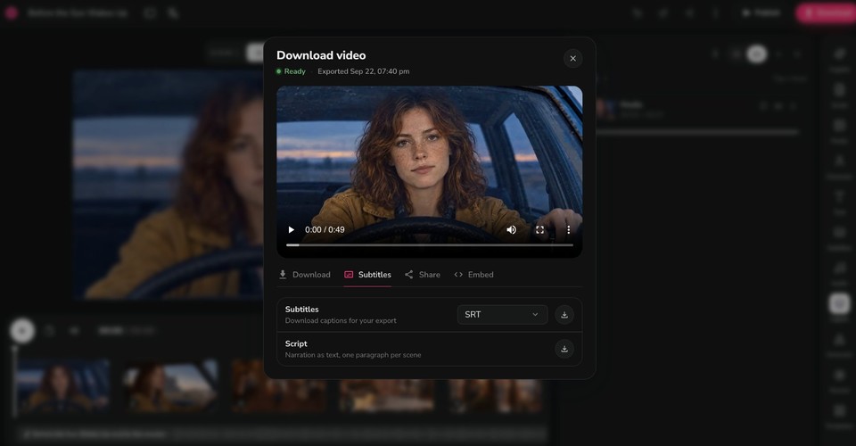 Fliki Download video panel, Subtitles tab with SRT dropdown and Script download