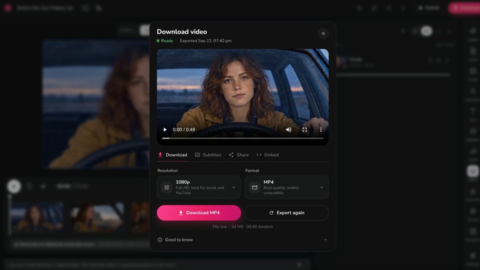 Fliki Download panel showing the exported video ready with Download and Subtitles tabs