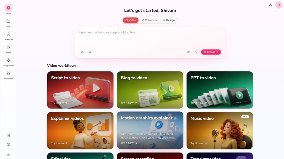 Fliki home showing the Video workflows grid with the Motion graphics explainer card