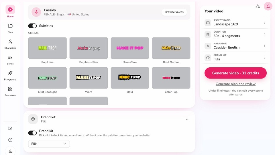 Narrator and subtitles panel with voice selection, subtitle styles, and Brand kit