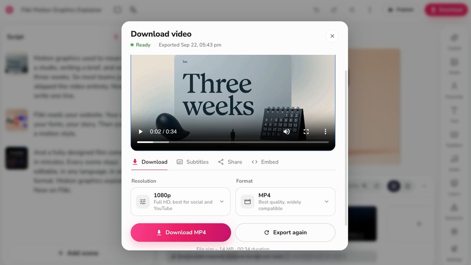 Fliki Download video panel with 1080p MP4 export ready