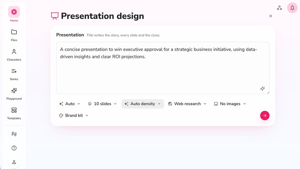 Presentation design setup with the prompt, 10 slides dropdown, and the For presenting / For reading density menu