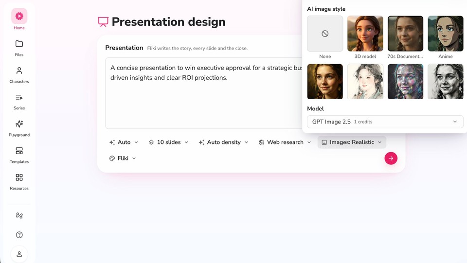 Presentation setup showing the Web research and Images style options, and the Brand kit selector