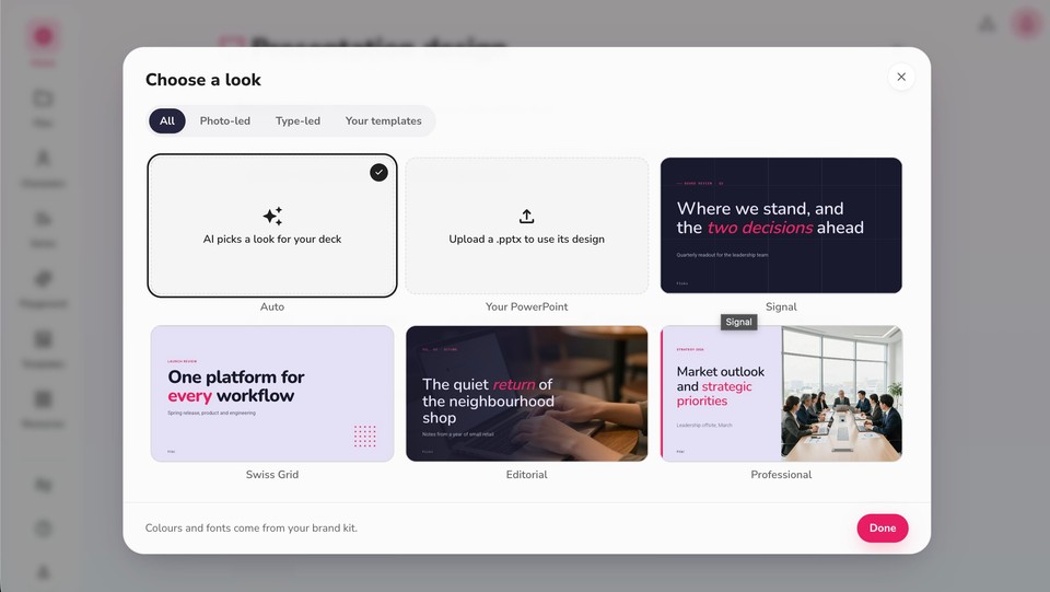 Choose a look screen with Auto, Upload a PPTX, and the template options