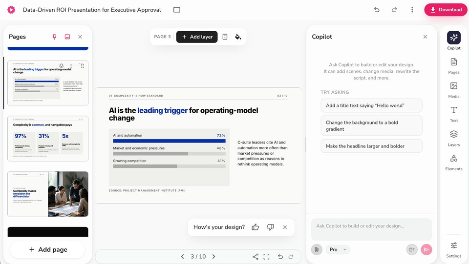 Fliki presentation editor with the slide canvas, Pages panel, and Copilot suggestions