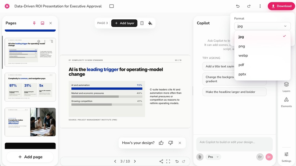 Download file panel with the format dropdown showing pptx, pdf, jpg, png, webp