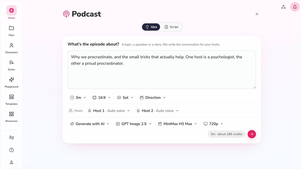 Fliki Podcast setup on the Idea tab with the episode prompt, duration, aspect ratio, set, and host controls