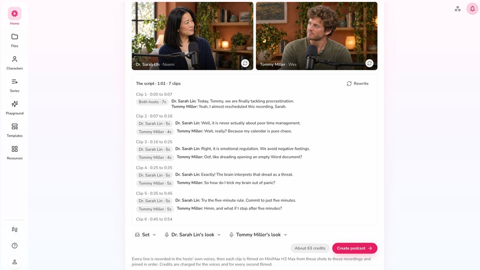 Fliki podcast script view showing the two-host conversation broken into clips with per-host timings