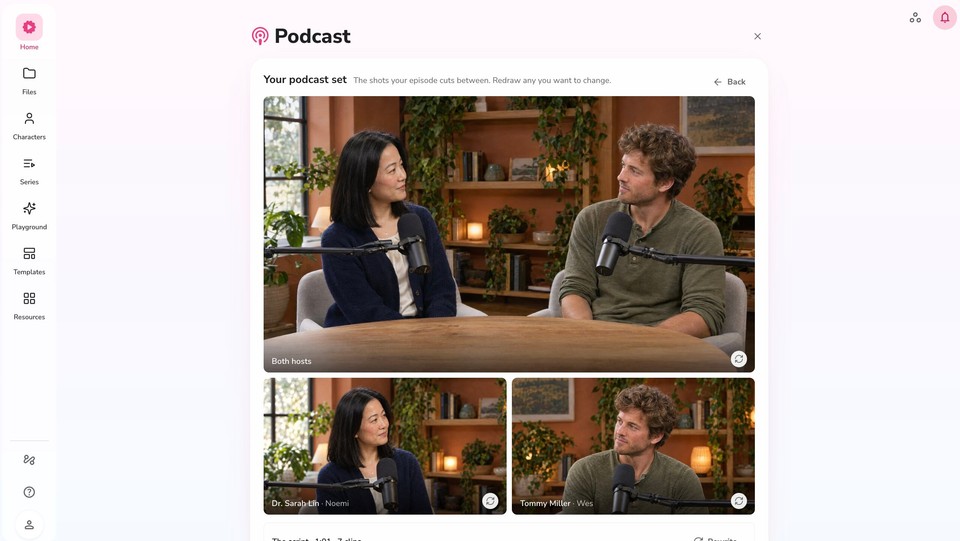 Your podcast set screen showing the wide two-host shot and the single shots for each host